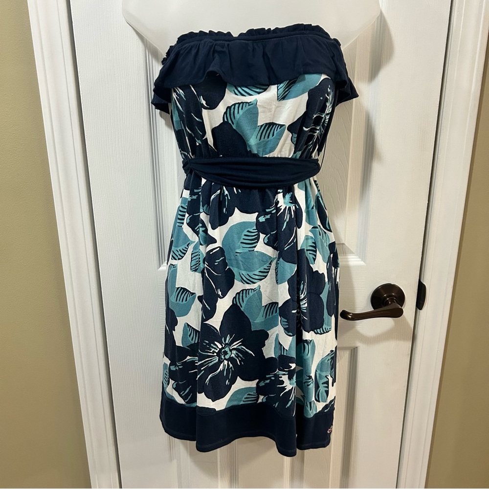 Hollister Y2K Strapless Sundress Hawaiian Floral Ruffle Trim Navy Teal Tie Waist